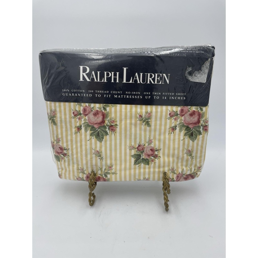 New Vtg Ralph‎ Lauren Sophie Brooke Yellow Floral Stripe Twin  Fitted Sheet NOS
